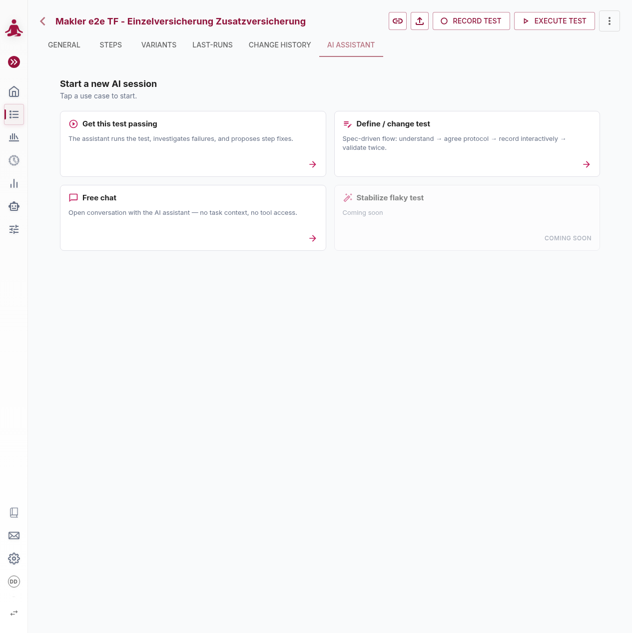 AI Assistant — start screen with the four use-case cards