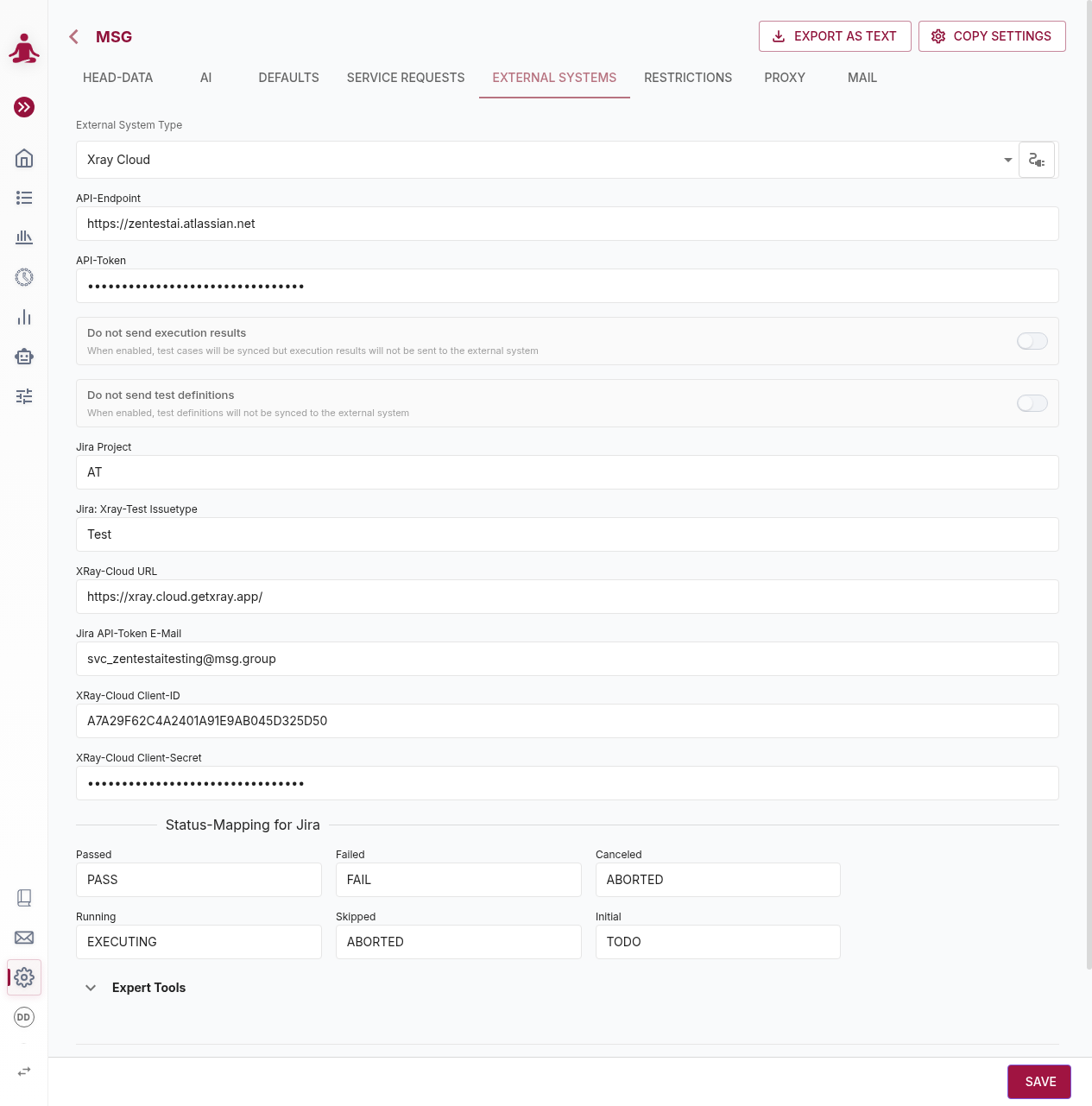 External Systems configuration tab