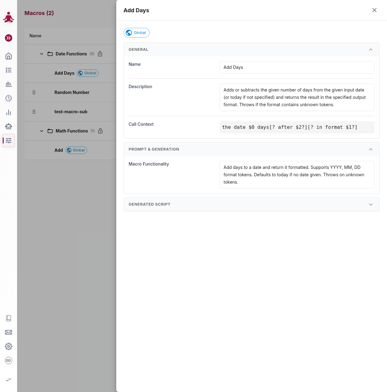 Macro detail / editor sidebar