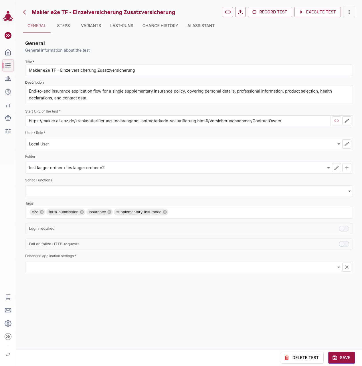 General tab of the test details
